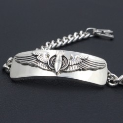 Men's US Army Air Force Pilot AAF Bombardier Wings Badge Sterling Silver Bracelet Bangle