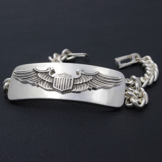 Men's Us Army Air Force Pilot Wings Badge AAF Sterling Silver Bracelet Bangle
