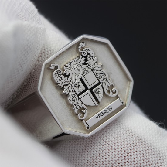 Personalized Family Crest Coat of Arms Badge Wax Seal Signet Sterling Silver 18kt Gold Engraved Ring
