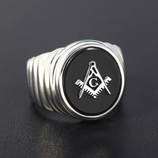 Luxury Men`s Freemasonry Masonic Campass Fraternal Agate Stone Sterling Silver Ring