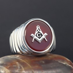 Luxury Men`s Freemasonry Masonic Campass Fraternal Agate Stone Sterling Silver Ring