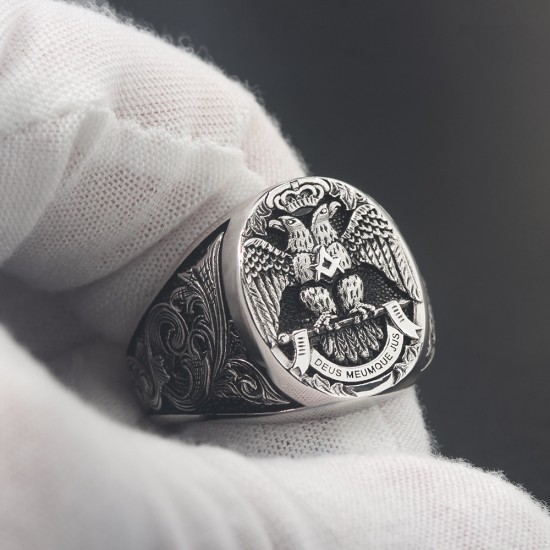 Masonic Scottish Rite 33 Degree Double Eagle Head Phoenix Hand Engraved Sterling Silver Ring