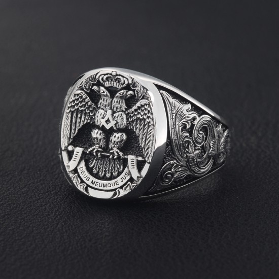 Masonic Scottish Rite 33 Degree Double Eagle Head Phoenix Hand Engraved Sterling Silver Ring Masonic Scottish Rite 33 Degree Double Eagle Head Phoenix Hand Engraved Sterling Silver Ring