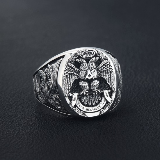Masonic Scottish Rite 33 Degree Double Eagle Head Phoenix Hand Engraved Sterling Silver Ring