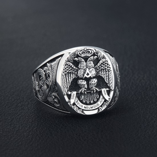 Masonic Scottish Rite 33 Degree Double Eagle Head Phoenix Hand Engraved Sterling Silver Ring Masonic Scottish Rite 33 Degree Double Eagle Head Phoenix Hand Engraved Sterling Silver Ring