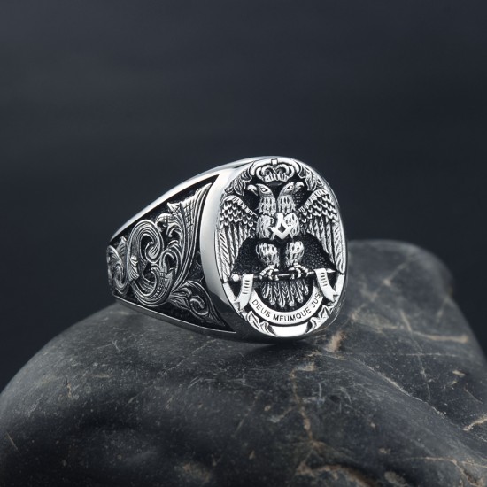 Masonic Scottish Rite 33 Degree Double Eagle Head Phoenix Hand Engraved Sterling Silver Ring Masonic Scottish Rite 33 Degree Double Eagle Head Phoenix Hand Engraved Sterling Silver Ring