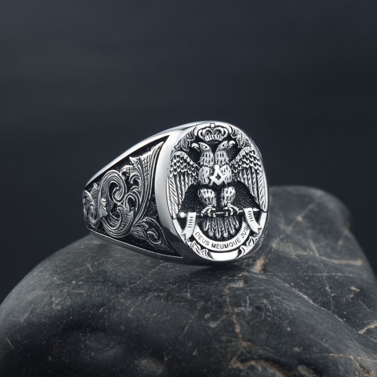 Masonic Scottish Rite 33 Degree Double Eagle Head Phoenix Hand Engraved Sterling Silver Ring