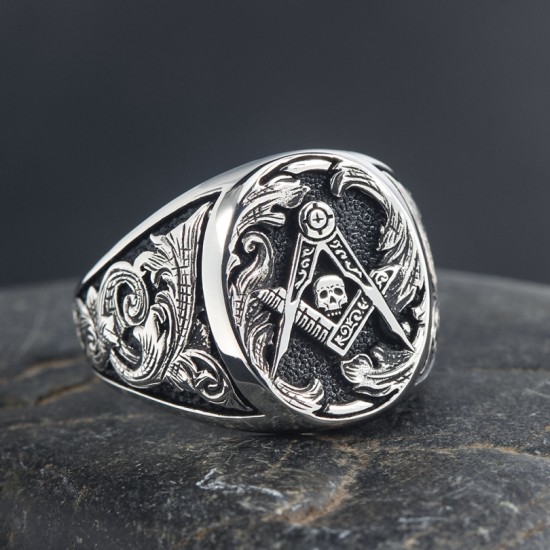 Freemason Skull And Bones Signet Masonic Hand Engraving Sterling Silver Ring