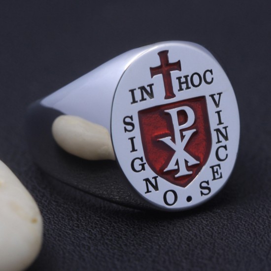 Knights Templar Masonic In Hoc Signo Vinces Chi Rho 925 Sterling Silver Ring