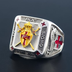 Knights Templar Cross and Crown In Hoc Signo Vinces Crusader Seal Shield Masonic Freemasonry Sterling Silver Ring