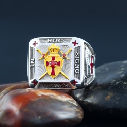 Knights Templar Cross and Crown In Hoc Signo Vinces Crusader Seal Shield Masonic Freemasonry Sterling Silver Ring