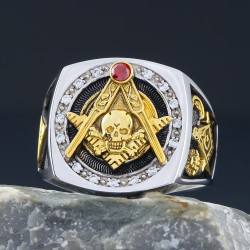 Skull And Bones Masonic Biker Freemason Sun Moon Illuminati Sterling Silver Ring