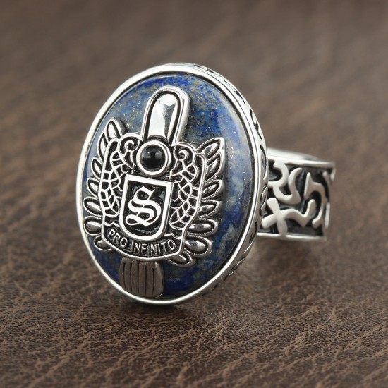Men`s Vampire Diaries Daylight Amulet Halloween Lapis Lazuli Agate Custom A-Z Initial Sterling Silver Ring Men`s Vampire Diaries Daylight Amulet Halloween Lapis Lazuli Agate Custom A-Z Initial Sterling Silver Ring
