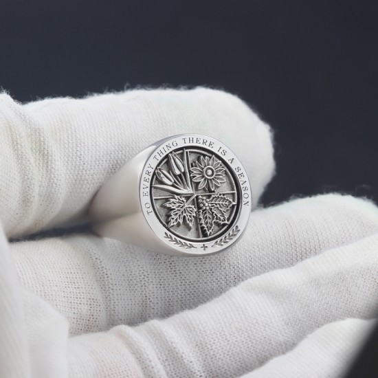 Holy Bible Ecclesiastes 3 Tulips Sunflowers Maple Leaves Mistletoe, To Every Thing There Is A Season Freemason Signet Silver Ring Holy Bible Ecclesiastes 3 Tulips Sunflowers Maple Leaves Mistletoe, To Every Thing There Is A Season Freemason Signet Silver Ring