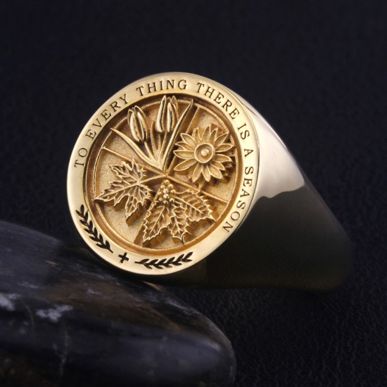 Holy Bible Ecclesiastes 3 Tulips Sunflowers Maple Leaves Mistletoe, To Every Thing There Is A Season Freemason Signet Silver Ring Holy Bible Ecclesiastes 3 Tulips Sunflowers Maple Leaves Mistletoe, To Every Thing There Is A Season Freemason Signet Silver Ring