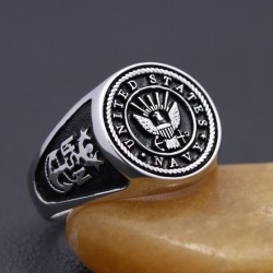 Vintage US Navy Military Veterans Eagle Anchor 925 Sterling Silver Ring