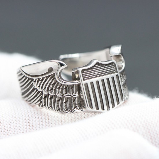 Men`s WWII US Army Air Force Pilot Eagle Wings 925 Sterling Silver Jewelry Ring