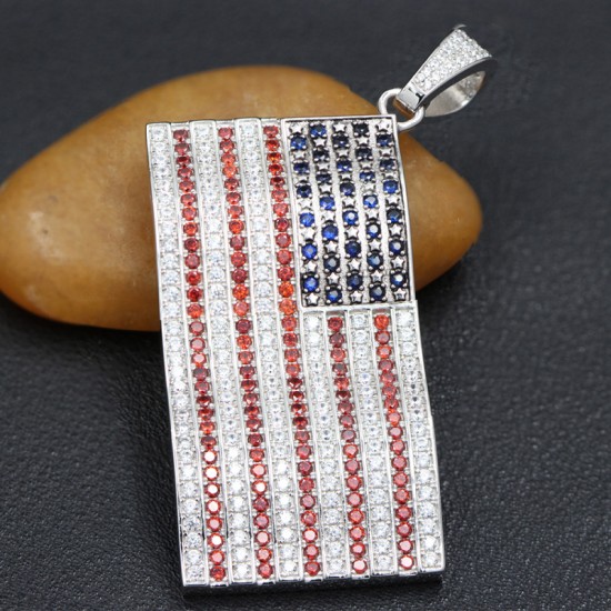 Charm America US Flag Gemstone Genuine Sterling Silver Necklace Pendant