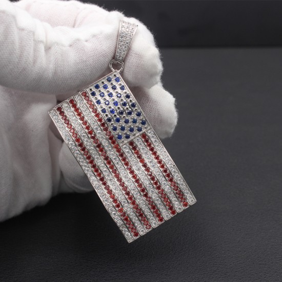 Charm America US Flag Gemstone Genuine Sterling Silver Necklace Pendant