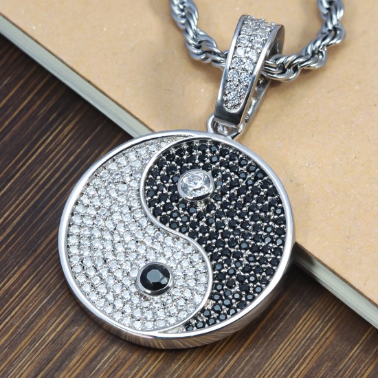 Yin Yang Tai Chi Chinese Eight Diagrams Taoism Bagua Pave Stone 925 Sterling Silver Charm Pendant Necklace