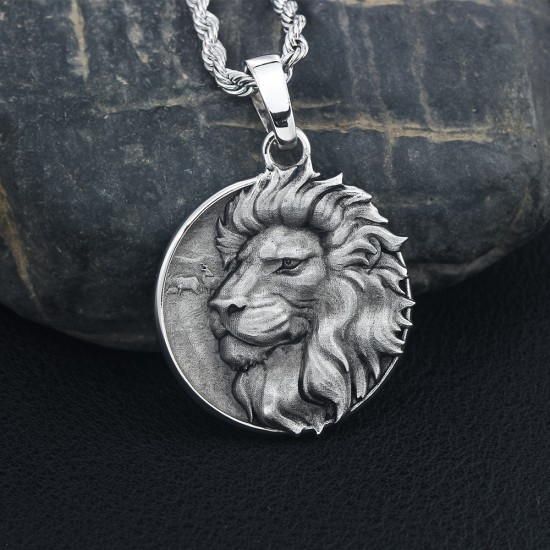 Vintage Men`s Soild Lion Head Sterling Silver Necklace Charm Pendant Jewelry