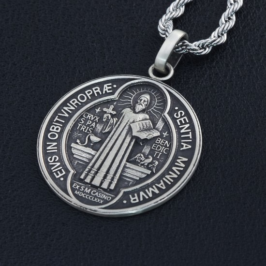 Saint Benedict Medal Catholicism Charm Necklace Pendant Talisman Amulet Genunie Sterling Silver Jewelry